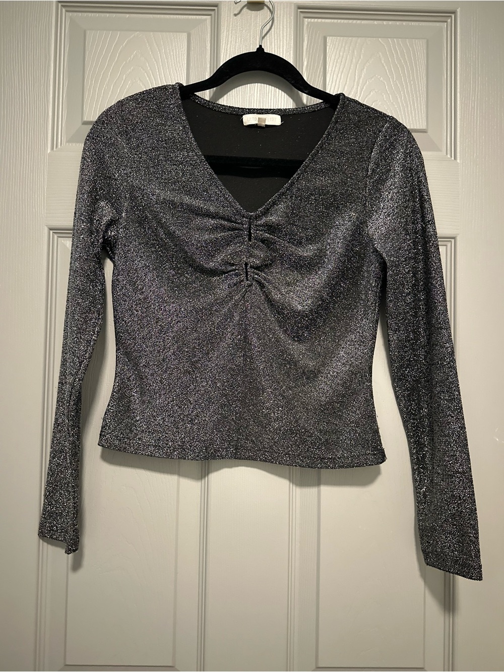 Ultra Flirt Shimmery Silver V-Neck Long Sleeve Ruched Top